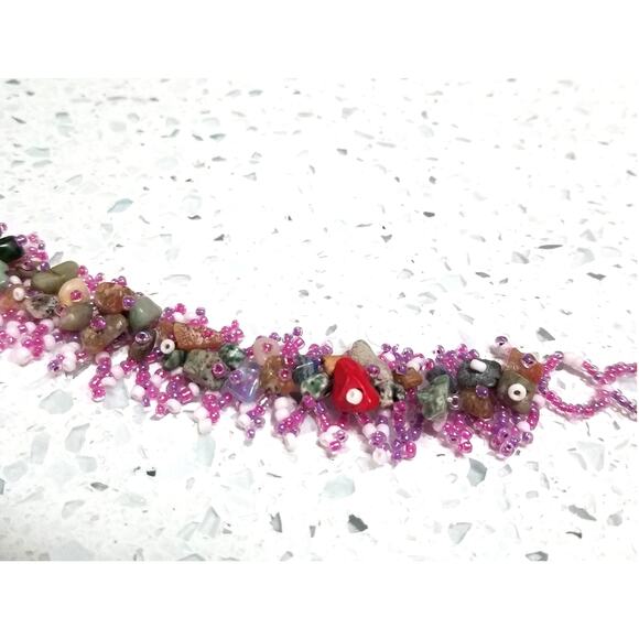 Handmade Beaded Bracelet Stones Pink Green Red - Picture 3 of 8